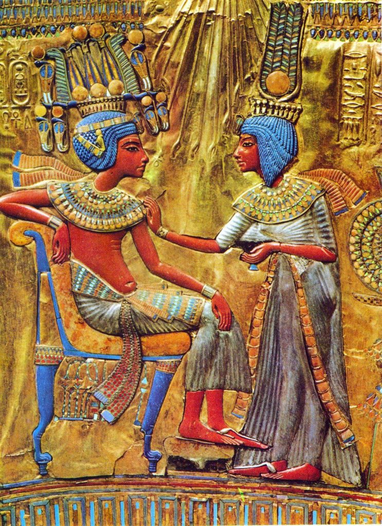 A detail from the throne of Tutankhamun which shows the pharaoh with his wife Ankhsenamun on the right. c. 1327 BCE, National Museum, Cairo.