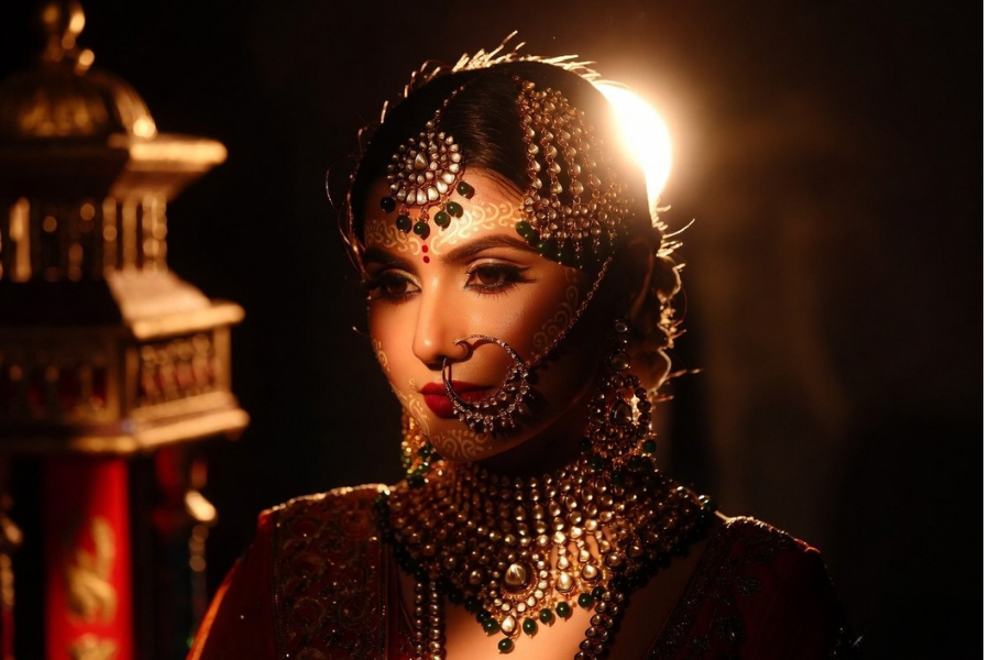 The classic Bollywood-style image with model wearing heavy jewellery