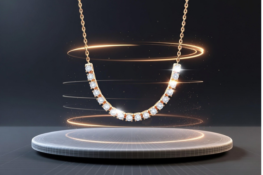 Modern 3D Animation *(The rotating necklace with digital platform and glowing effects 
